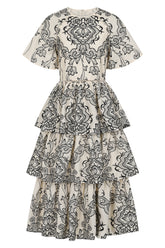 Zariah Off White Embroidered Tiered Midi Dress